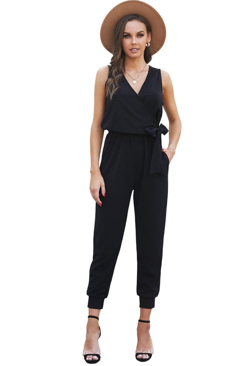 Deep V-Neck Sleeveless Solid Jumpsuit